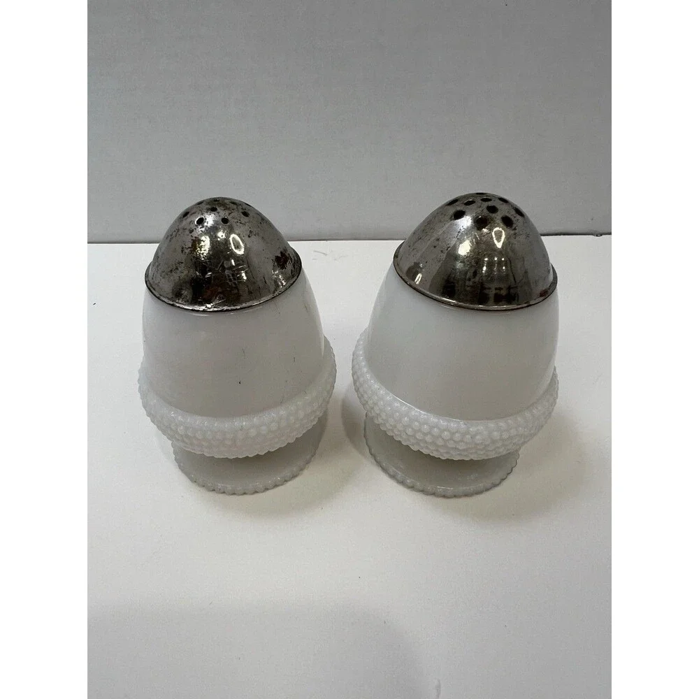Antique Acorn Opal Glass Salt Pepper Shakers Lids 1880s Rare EAPG Pedestal Foot